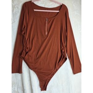 CURVZY Ribbed Long Sleeve Zipper Bodysuit Brown Rust Plus Size 3XL